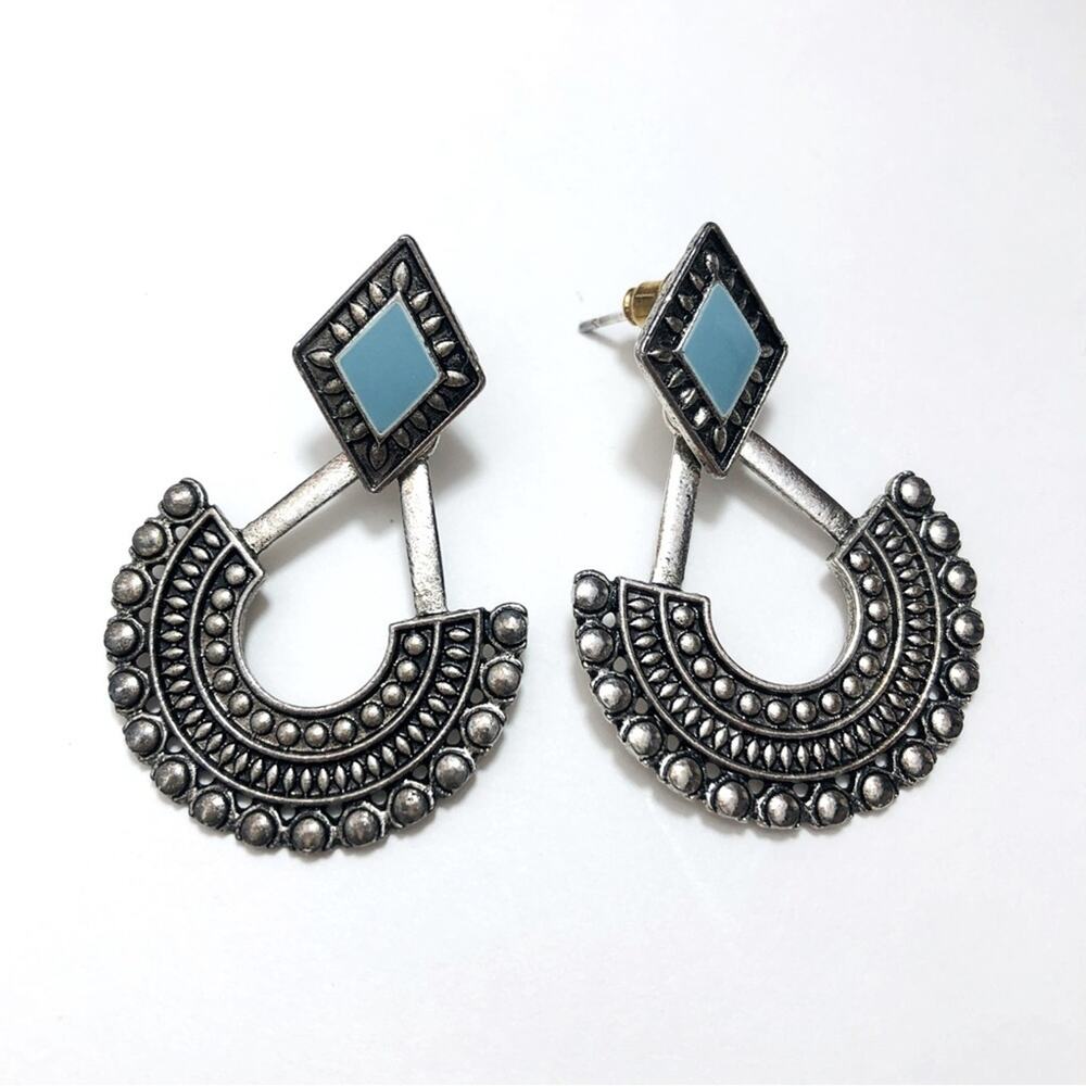 Silver Tone Blue Stone Bohemian Boho Aztec Sunflower Drop Dangle Post Earrings